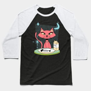 Mid-Century Modern Cat Eating a Dinner of Fish and Milk Baseball T-Shirt